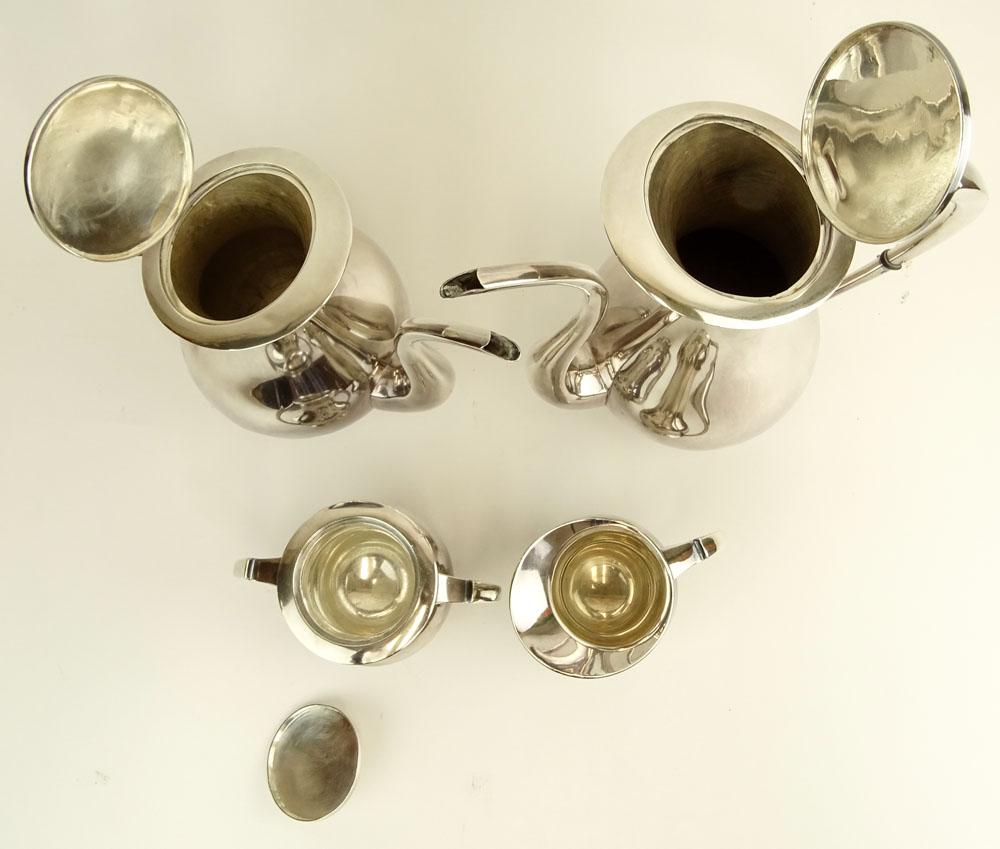 Modernist 950 Sterling Silver Coffee and Tea Service. Includes coffee pot, tea pot, creamer, sugar. 