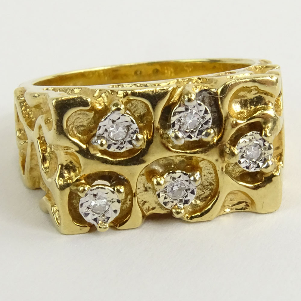 Men's Vintage Diamond and 14 Karat Yellow Gold Nugget Ring.