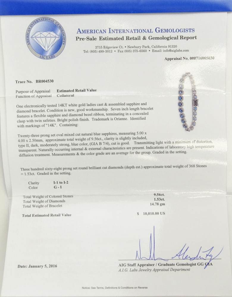 AIG Certified 9.56 Carat Oval Cut Sapphire, 1.53 Carat Round Brilliant Cut Diamond and 14 Karat White Gold Bracelet. 