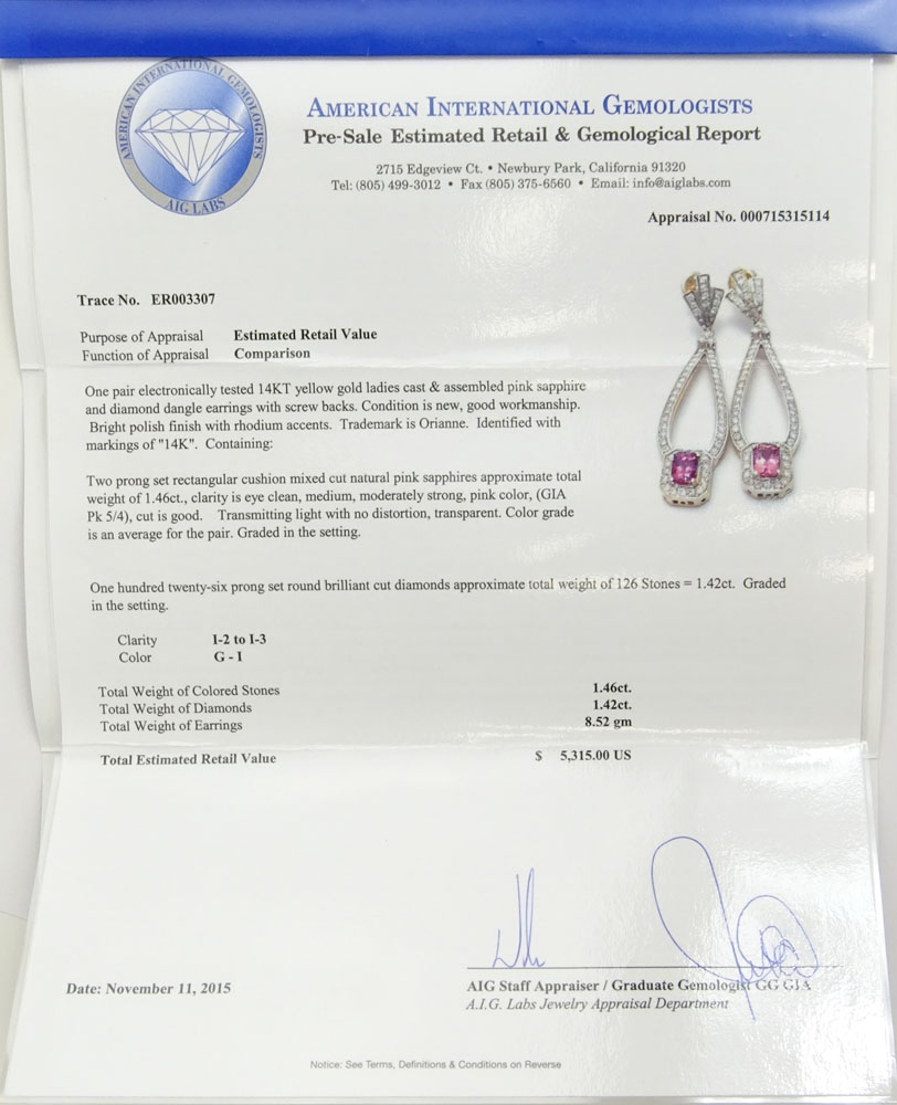 AIG Certified 1.46 Carat, total weight, Rectangular Cushion Cut Pink Sapphire, 1.42 Carat Round Brilliant Cut Diamond and 14 Karat Yellow Gold Pendant Earrings.