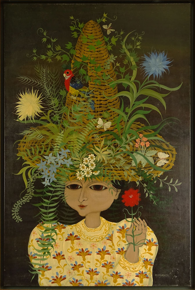 Carlos Perteagudo (b. 1937) Oil on canvas "Girl With Parrot Hat" 