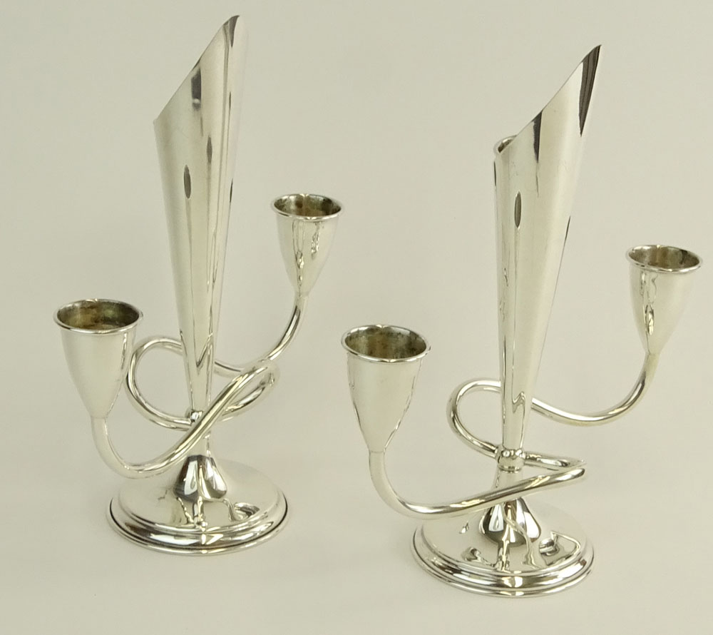 Pair Vintage Sterling Silver Modern Three (3) Light Candelabra.