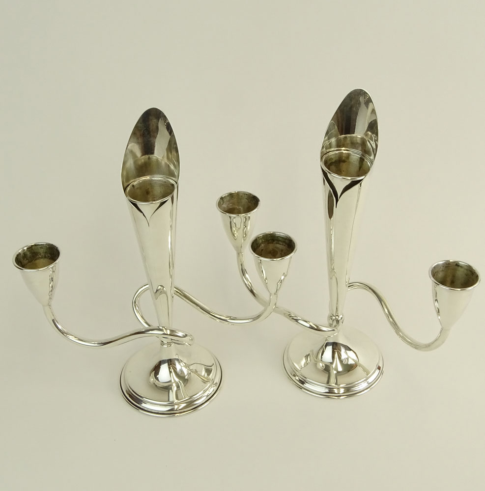 Pair Vintage Sterling Silver Modern Three (3) Light Candelabra.