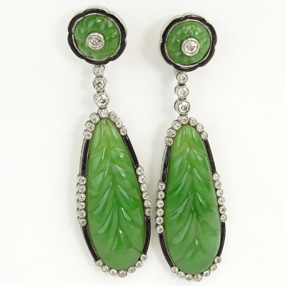 20th Century Russian Carved Jade, Approx. 1.75 Carat European Cut Diamond, Enamel and 14 Karat Gold Chandelier Earrings.