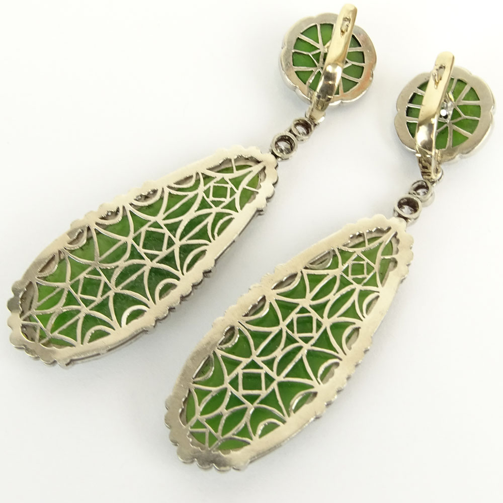 20th Century Russian Carved Jade, Approx. 1.75 Carat European Cut Diamond, Enamel and 14 Karat Gold Chandelier Earrings.