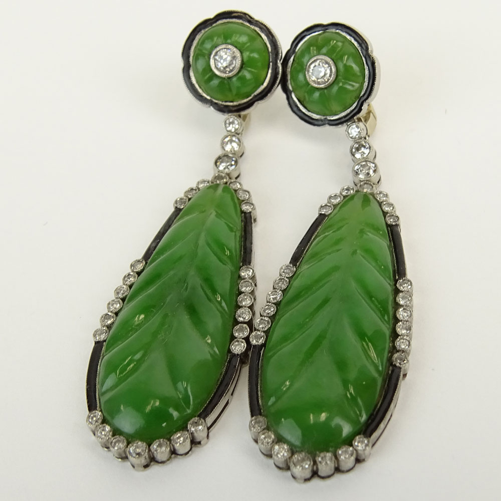 20th Century Russian Carved Jade, Approx. 1.75 Carat European Cut Diamond, Enamel and 14 Karat Gold Chandelier Earrings.