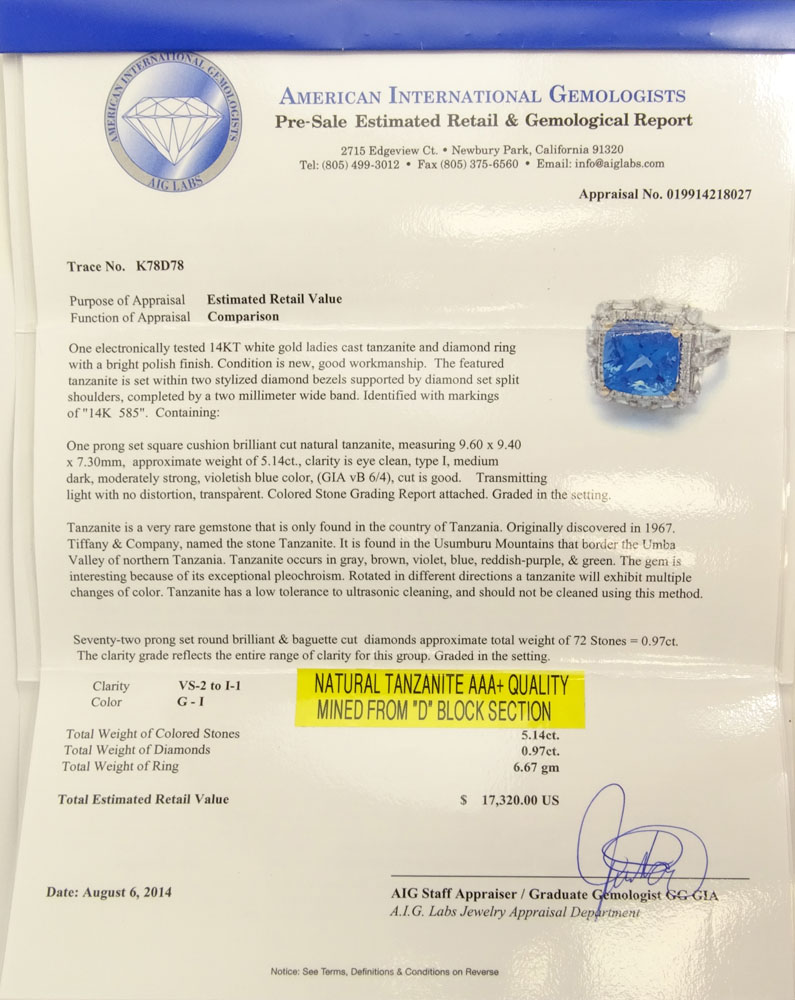 AIG Certified 5.14 Carat Square Cushion Cut Natural Tanzanite, .97 Carat Round Brilliant Cut and Baguette Diamond and 14 Karat White Gold Ring. 