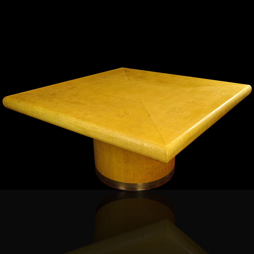 Karl Springer Lacquered Grasscloth Square Dining Table on Round Pedestal Base.