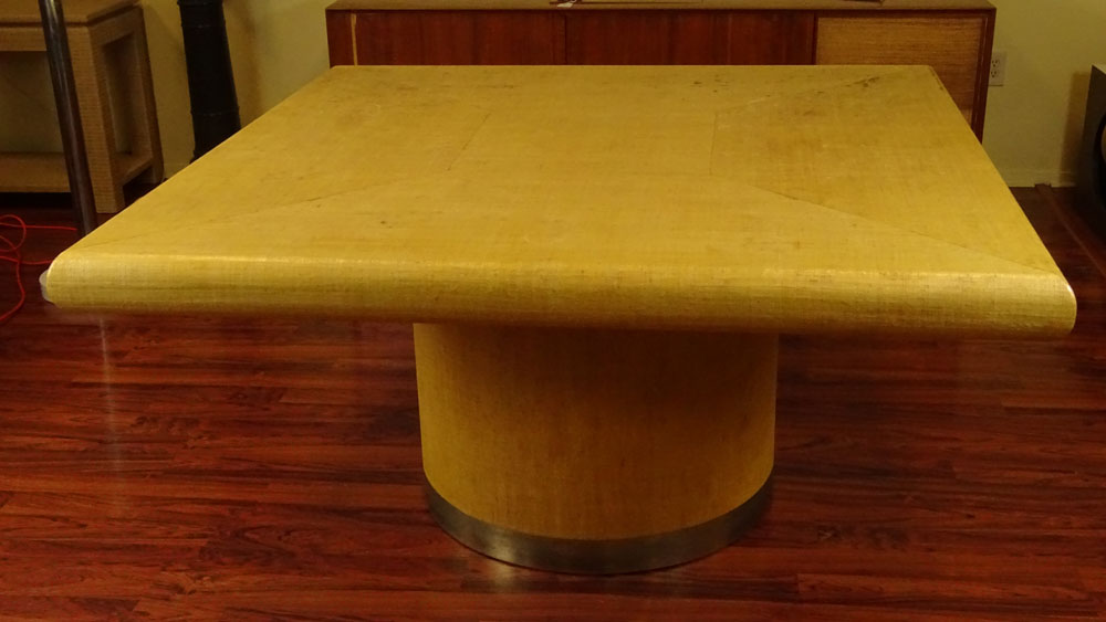 Karl Springer Lacquered Grasscloth Square Dining Table on Round Pedestal Base.