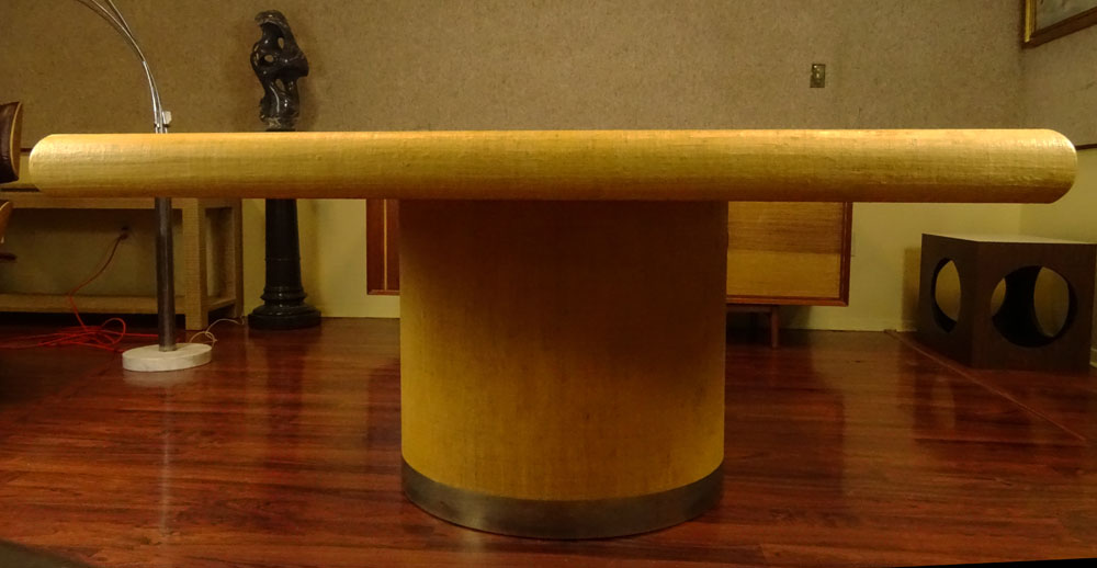 Karl Springer Lacquered Grasscloth Square Dining Table on Round Pedestal Base.