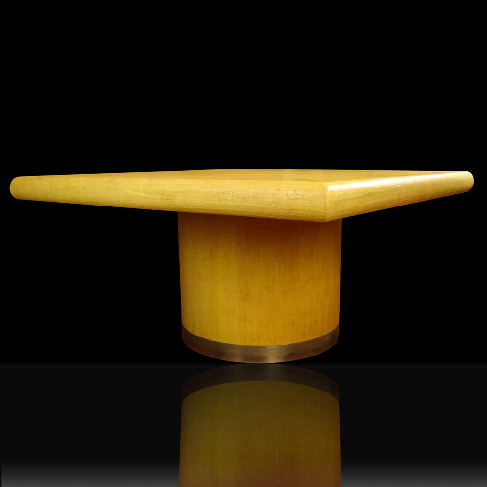 Karl Springer Lacquered Grasscloth Square Dining Table on Round Pedestal Base.