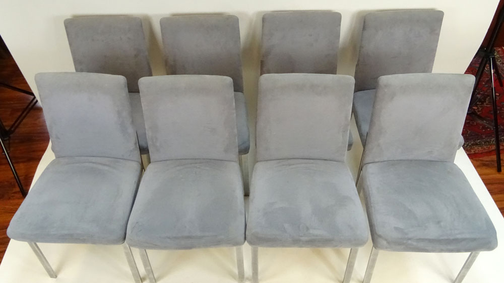 Lot of Eight (8) Mid Century Tri-Mark Designs Flatbar Chrome and Faux Suede Upholstered Dining Side Chairs.