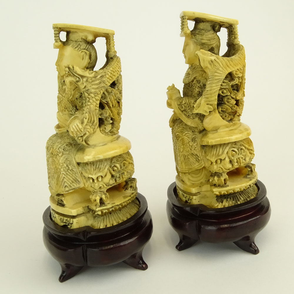 Pair of Antique Chinese Carved Ivory Emperor and Empress Figurines on Hardwood Stands.