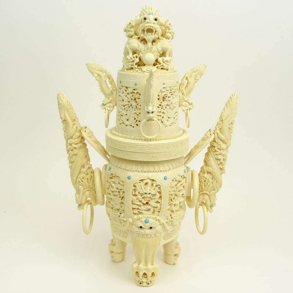 Mid 20th Century Chinese Finely Carved Ivory Censer with inset Turquoise, Coral and Onyx Jewels. 