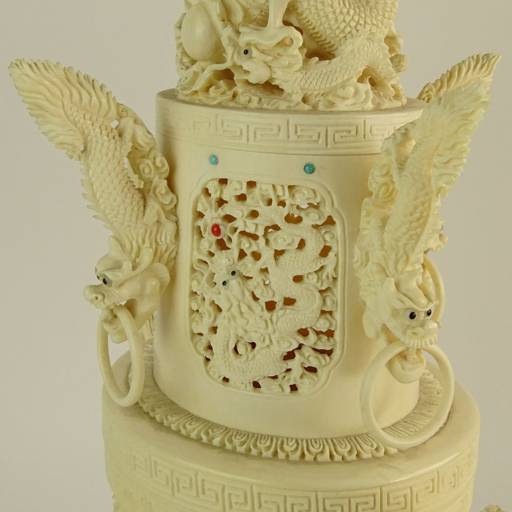 Mid 20th Century Chinese Finely Carved Ivory Censer with inset Turquoise, Coral and Onyx Jewels. 