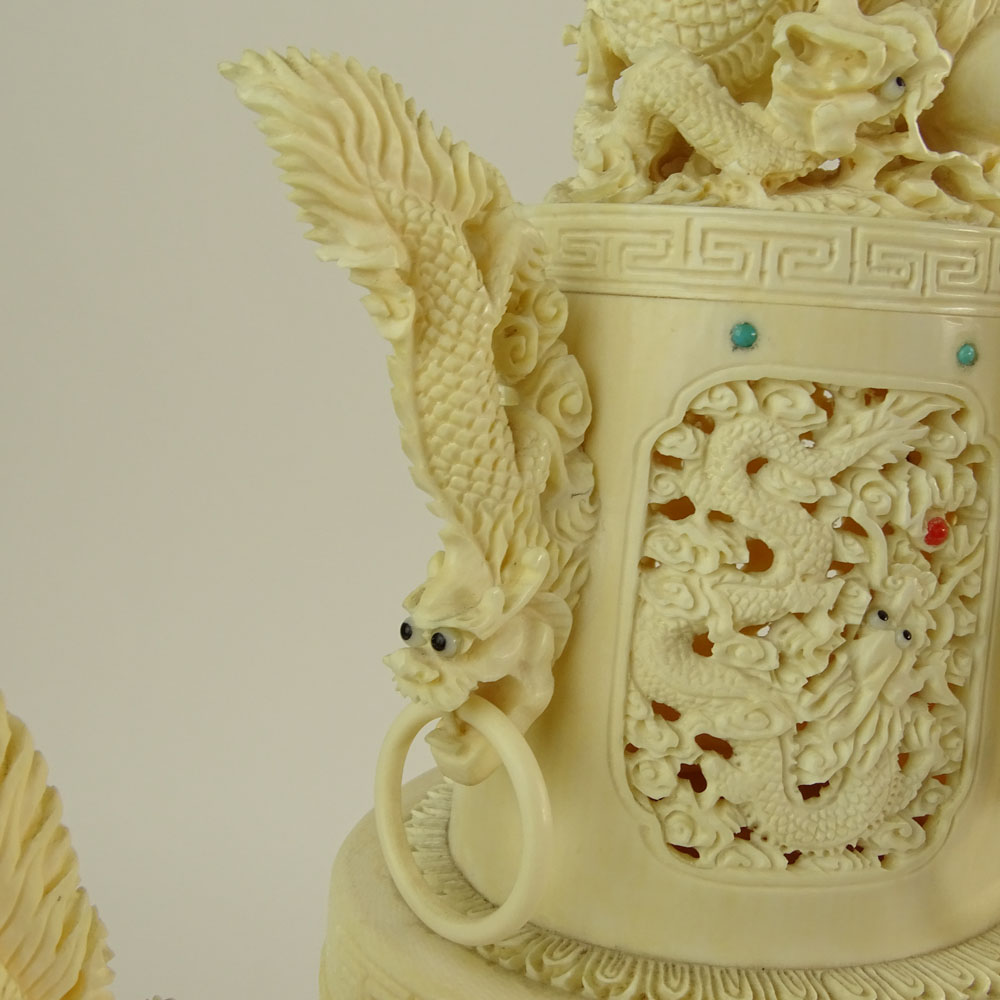 Mid 20th Century Chinese Finely Carved Ivory Censer with inset Turquoise, Coral and Onyx Jewels. 