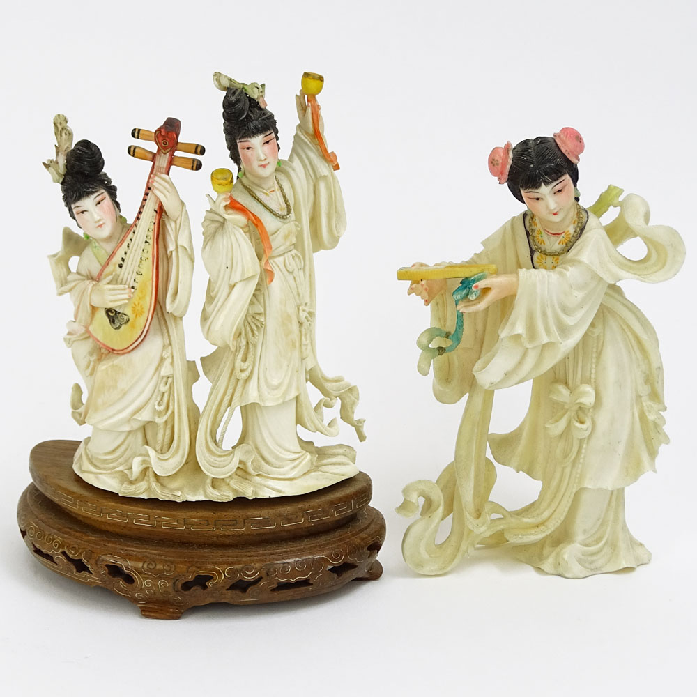 Mid 20th Century Chinese Peking Carved Ivory Group on Wood Base.