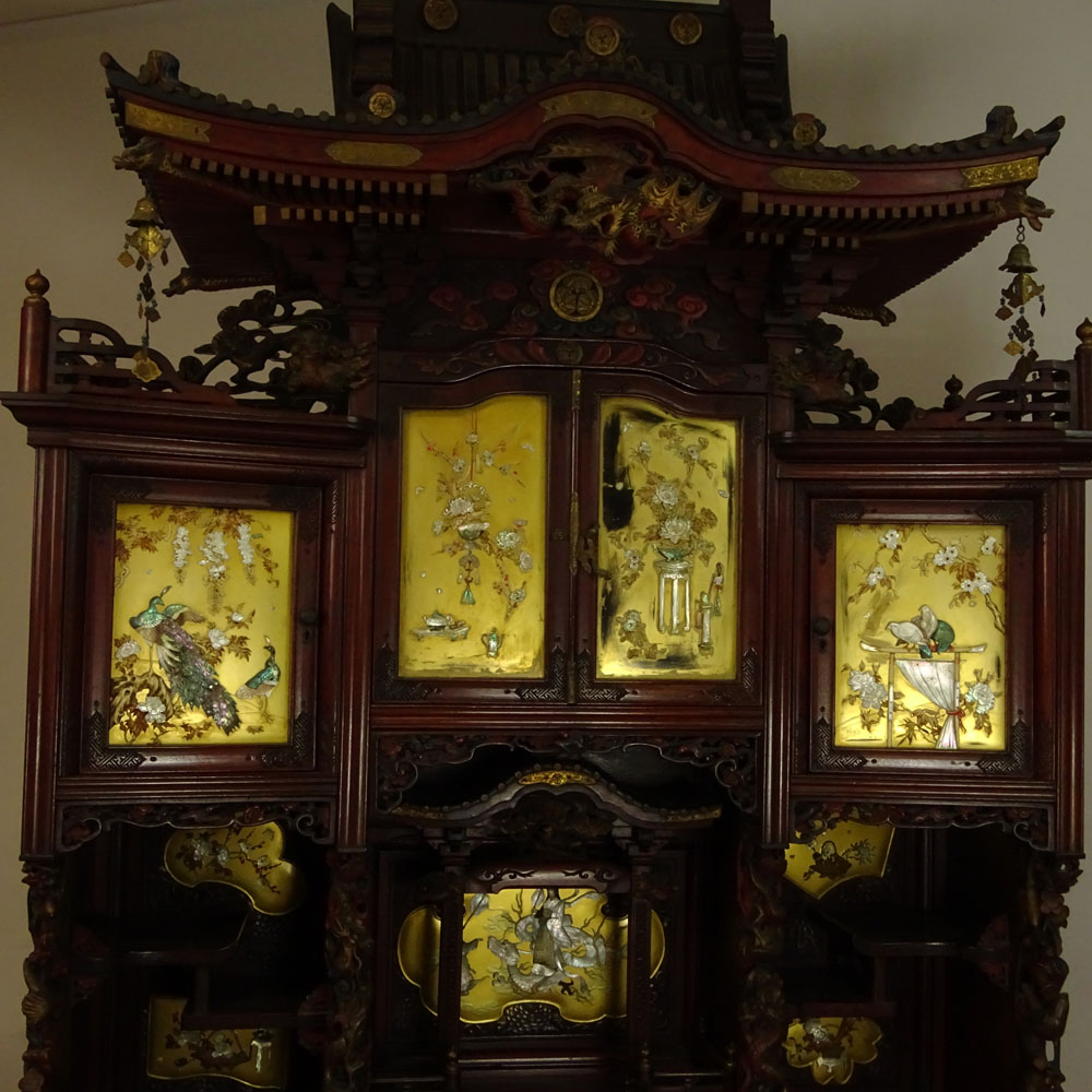 Very Fine Japanese Meiji Period Carved and Painted Hardwood Shibayama Pagoda Style Cabinet.