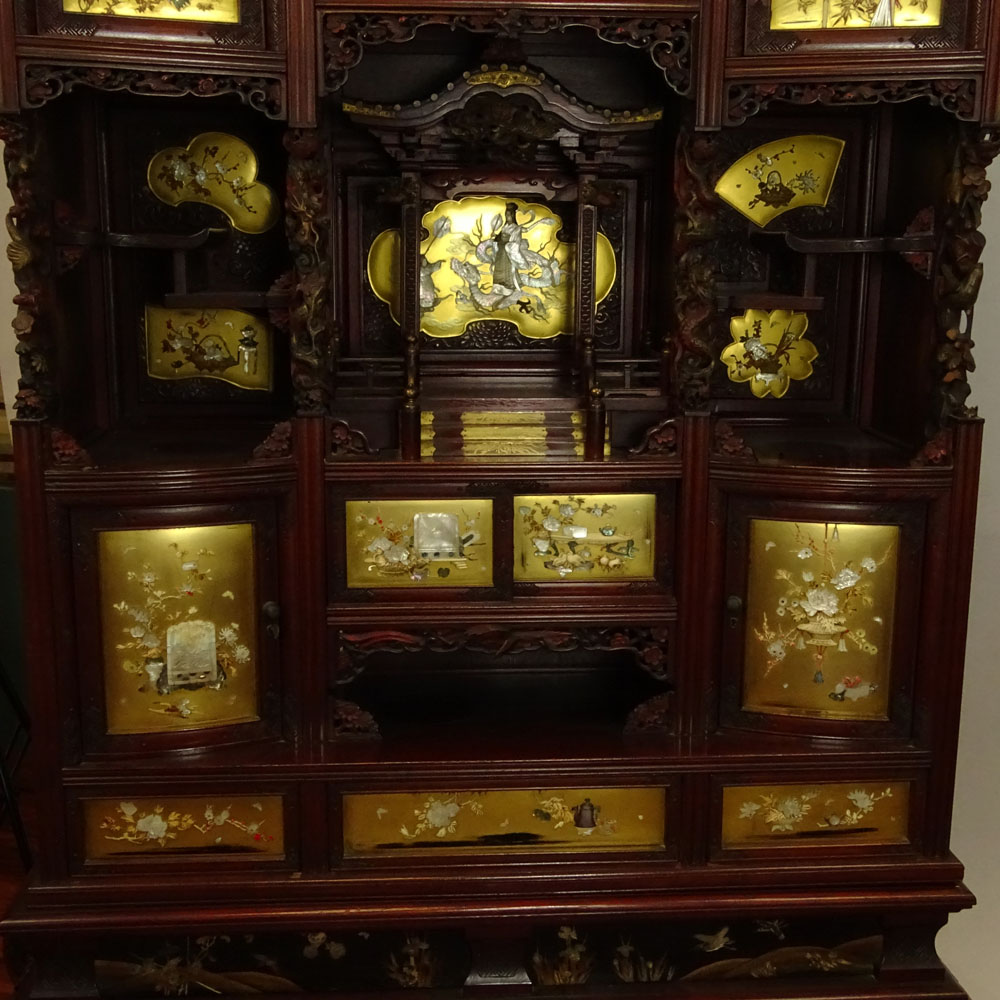 Very Fine Japanese Meiji Period Carved and Painted Hardwood Shibayama Pagoda Style Cabinet.