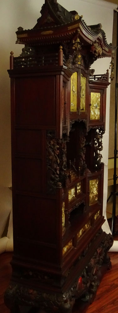 Very Fine Japanese Meiji Period Carved and Painted Hardwood Shibayama Pagoda Style Cabinet.