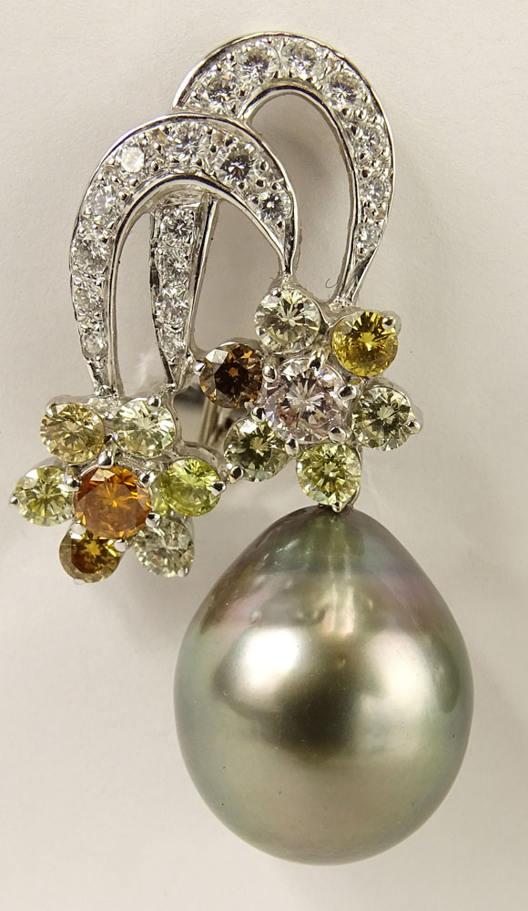 South Sea Gray Pearl, Approx. 3.25 Carat Multi Color Round Cut Diamond and 18 Karat White Gold Earrings. 