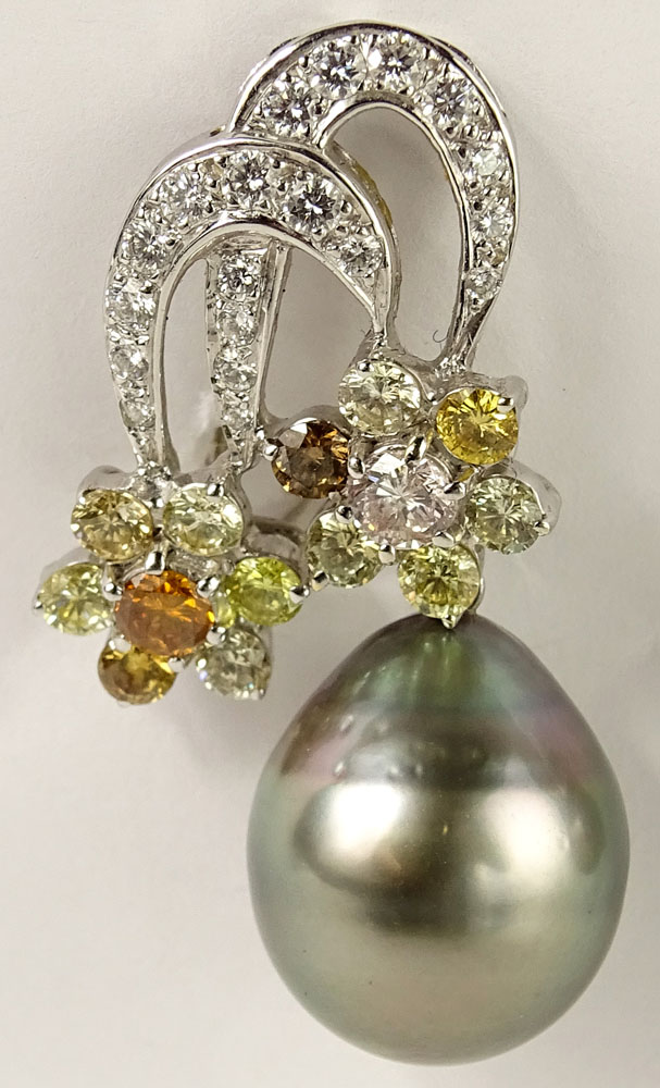 South Sea Gray Pearl, Approx. 3.25 Carat Multi Color Round Cut Diamond and 18 Karat White Gold Earrings. 