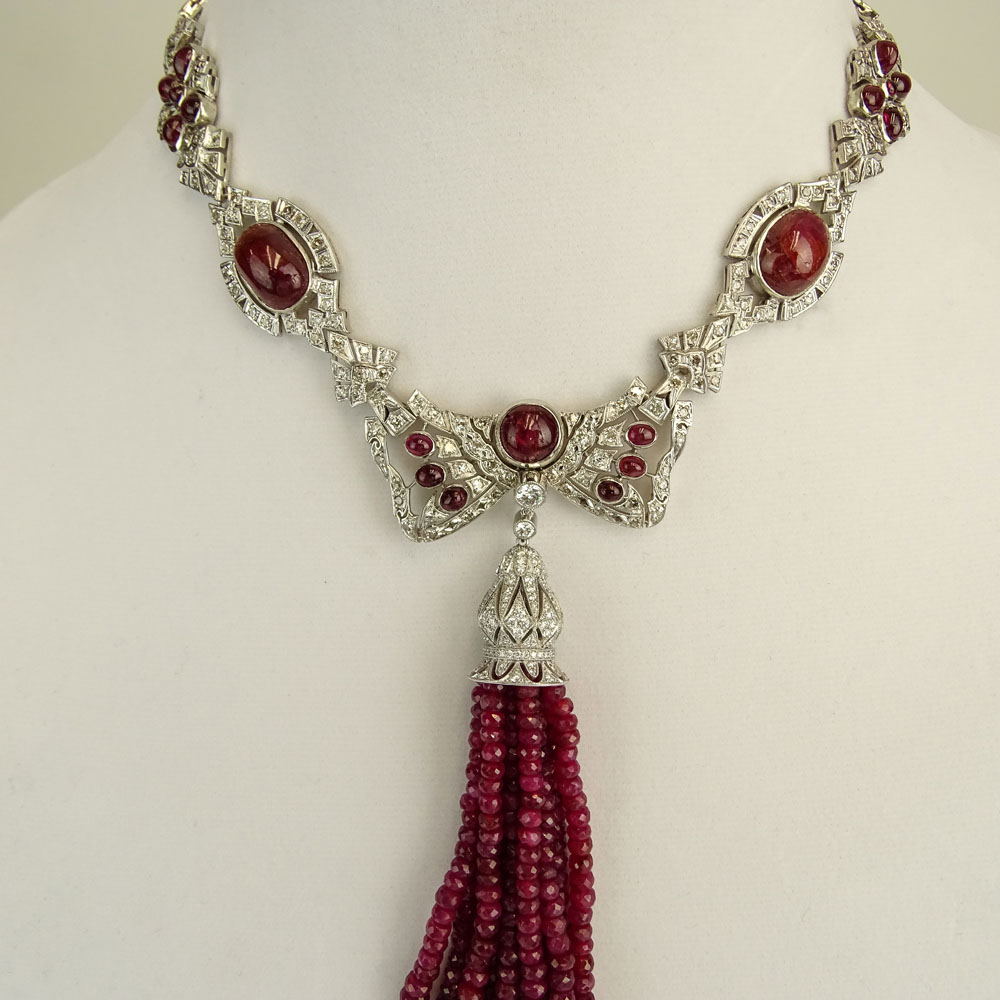 Antique Edwardian Approx. 120.0 Carat Ruby, European Cut Diamond and Platinum Necklace. 