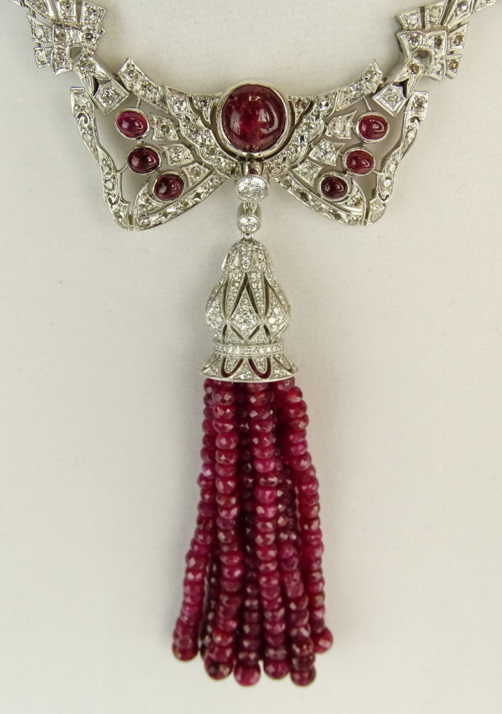 Antique Edwardian Approx. 120.0 Carat Ruby, European Cut Diamond and Platinum Necklace. 