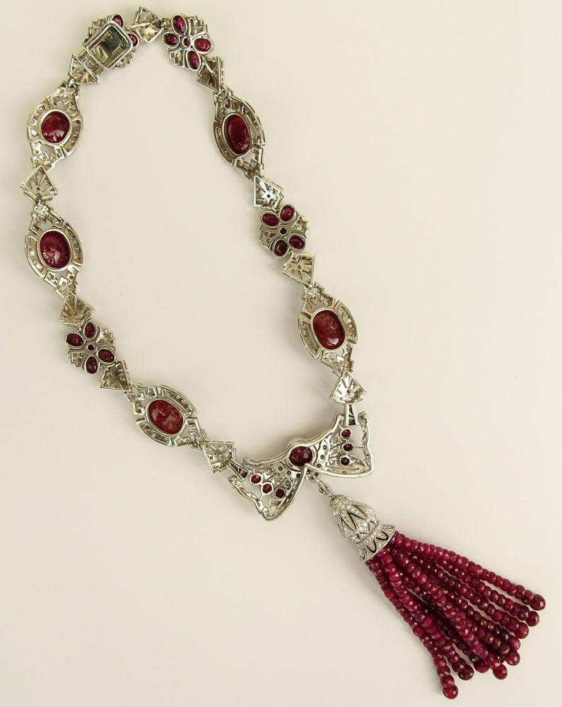 Antique Edwardian Approx. 120.0 Carat Ruby, European Cut Diamond and Platinum Necklace. 