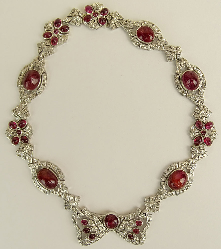 Antique Edwardian Approx. 120.0 Carat Ruby, European Cut Diamond and Platinum Necklace. 