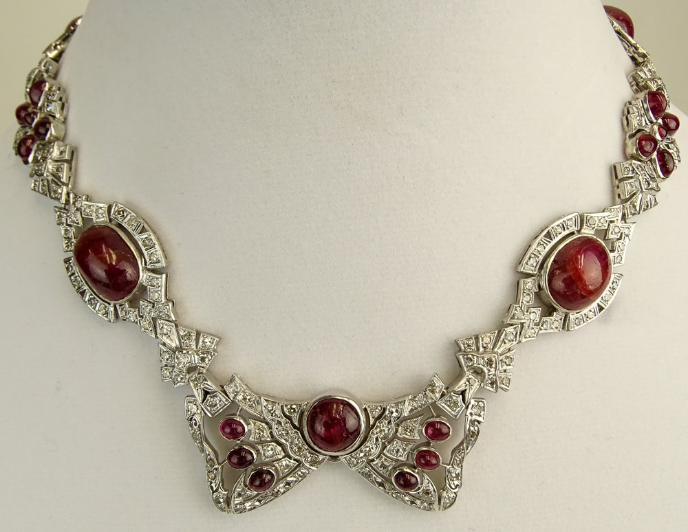 Antique Edwardian Approx. 120.0 Carat Ruby, European Cut Diamond and Platinum Necklace. 