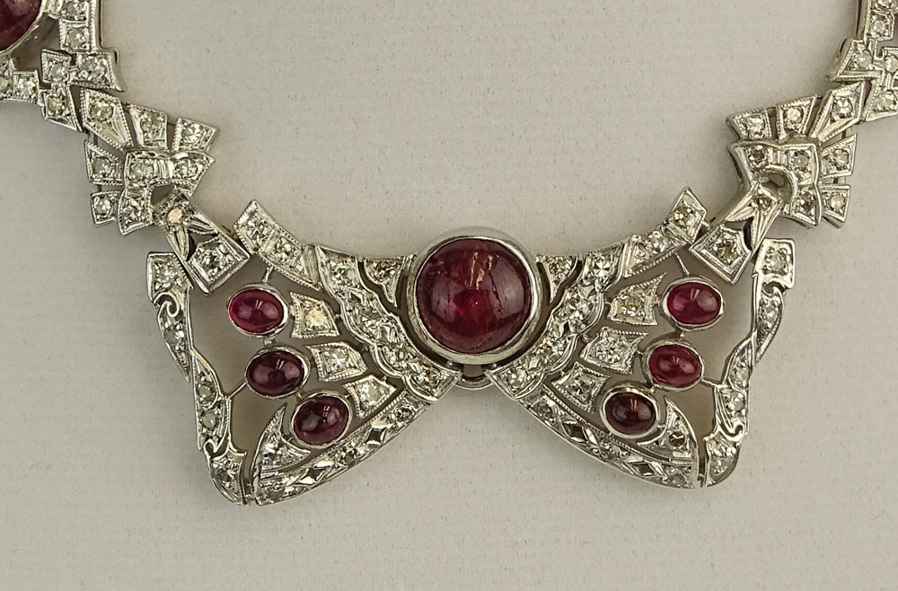 Antique Edwardian Approx. 120.0 Carat Ruby, European Cut Diamond and Platinum Necklace. 