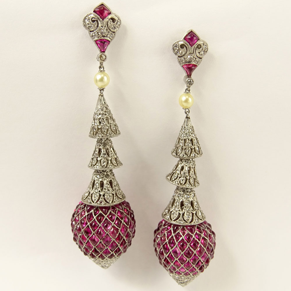 Vintage Approx. 20.0 Carat Cabochon Ruby, 2.50 Carat Round Cut Diamond and Platinum Chandelier Earrings. 