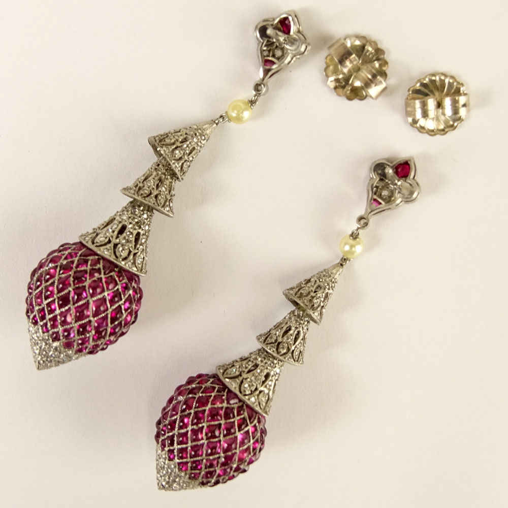 Vintage Approx. 20.0 Carat Cabochon Ruby, 2.50 Carat Round Cut Diamond and Platinum Chandelier Earrings. 