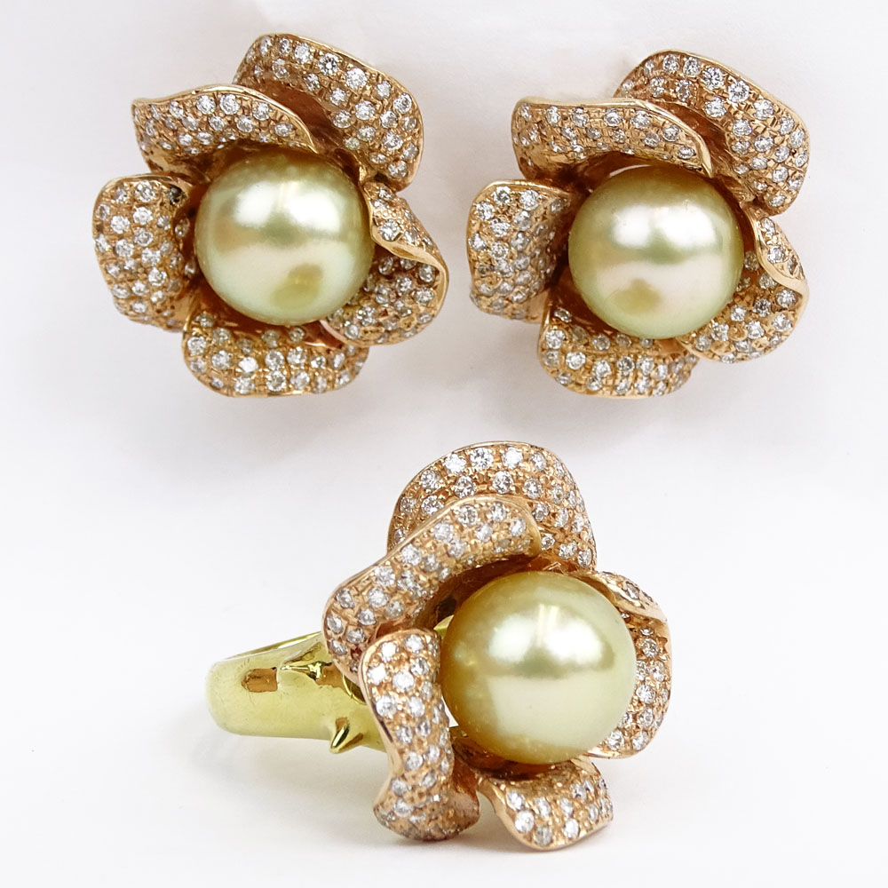 Lady's Approx. 6.75 Carat Round Brilliant Cut Diamond, South Sea Pearl and 14 Karat Rose and Yellow Gold Earring and Ring Suite.