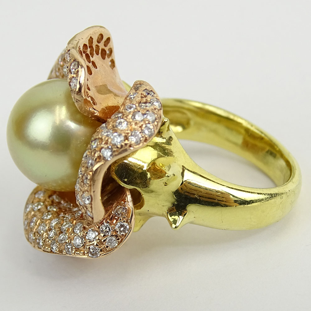 Lady's Approx. 6.75 Carat Round Brilliant Cut Diamond, South Sea Pearl and 14 Karat Rose and Yellow Gold Earring and Ring Suite.