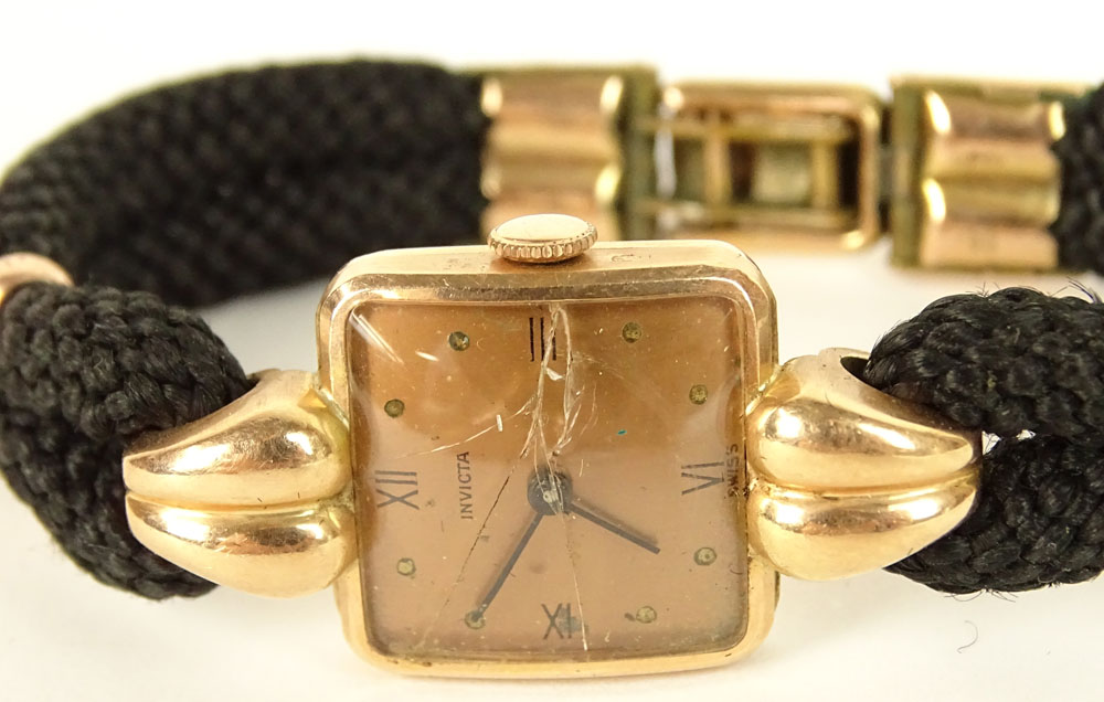 Ladies Vintage 14K Rose Gold Watch On Braided Band. Signed Invicta and other various marks.