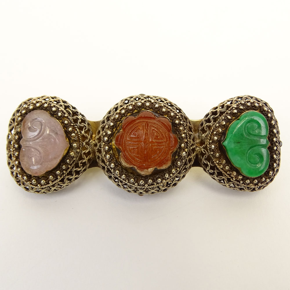 Antique Chinese Filigree Silver Brooch Set with Carved Carnelian, Carved Jade and Carved Rose Quartz.