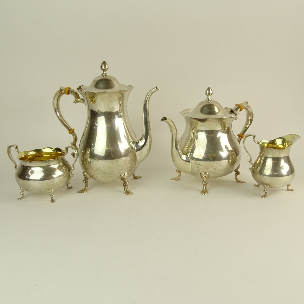 Vintage Poole Sterling Silver Four (4) Piece Tea Set. Sugar and creamer with gold washed interior.