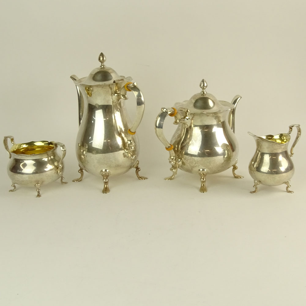 Vintage Poole Sterling Silver Four (4) Piece Tea Set. Sugar and creamer with gold washed interior.