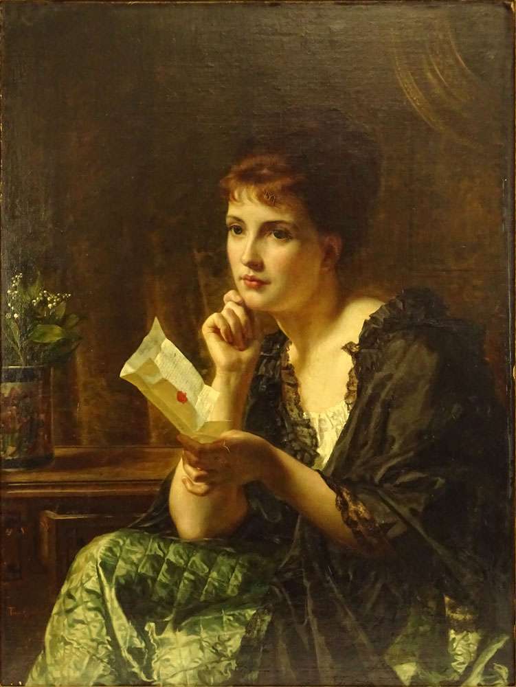 Frederick Trevelyan Goodall, British (1848-1871) Oil on canvas "Portrait of Girl Reading a Letter" 