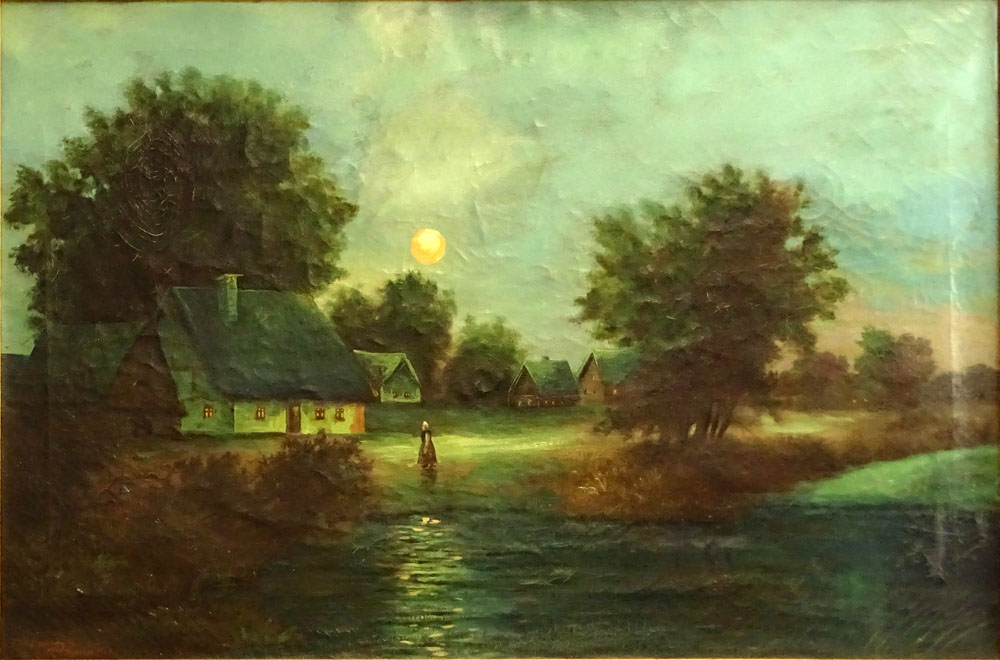 E.W Spranger, German (19/20th C) Oil on canvas "Moon Over The Village"