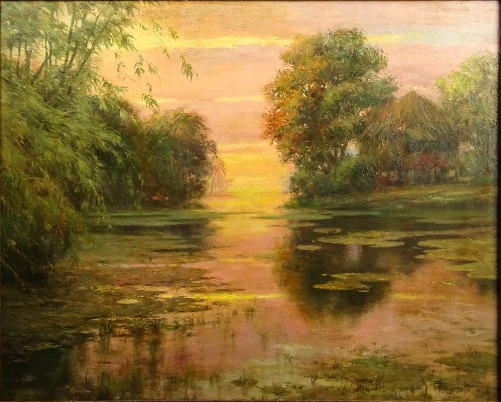 Possibly Fernando Cueto Amorsolo, Filipino (1892-1972) Oil on board "House on a Lake"