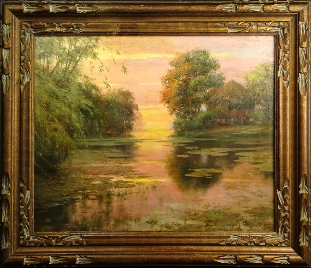 Possibly Fernando Cueto Amorsolo, Filipino (1892-1972) Oil on board "House on a Lake"