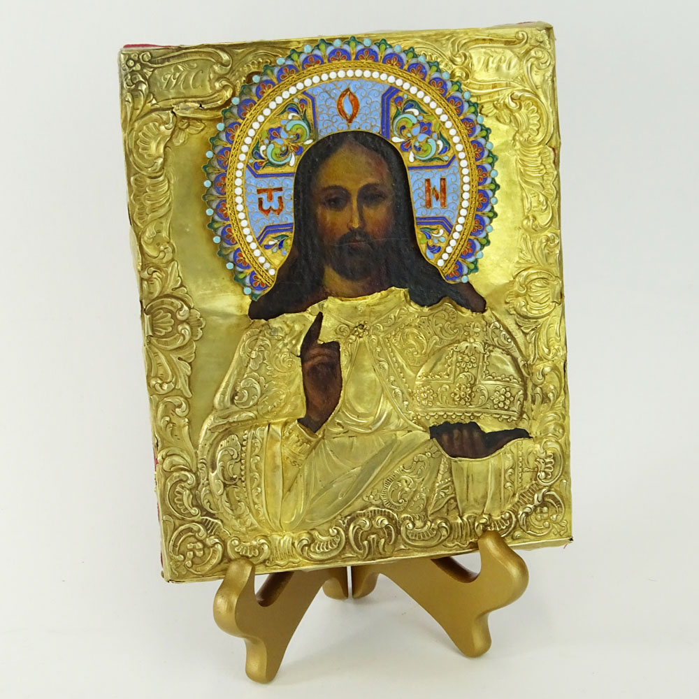 19th C Russian Enameled Gilt Silver Hand Painted Icon.