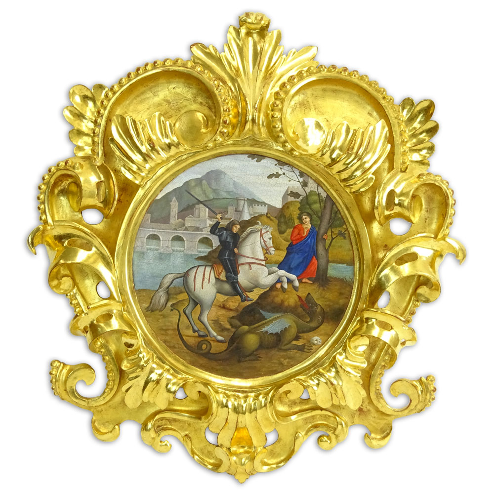 European School, Possibly Italian Oil on Board, George Slaying the Dragon with finely carved Florentine Gold Leaf Frame.
