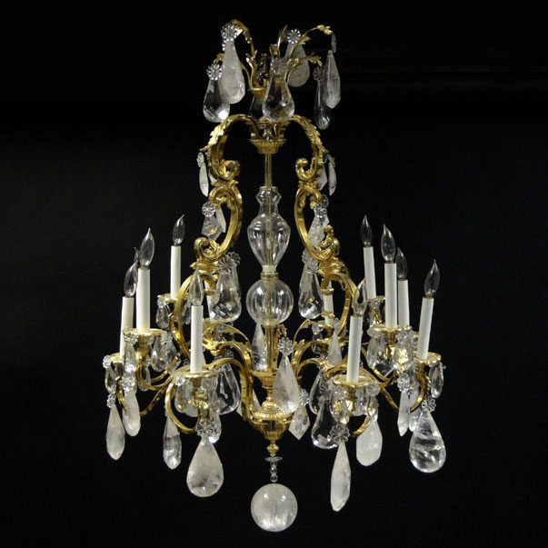 Contemporary Louis XV-style Gilt Bronze, Crystal and Rock Crystal Twelve (12) Light Chandelier. 