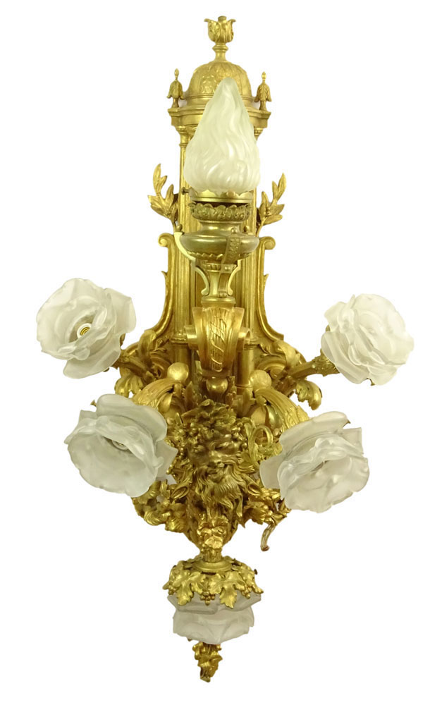 Large and Heavy French Gilt Bronze Six (6) Light Sconces with Finely Cast Relief Bacchus Masks and Grape Leaf Swags.