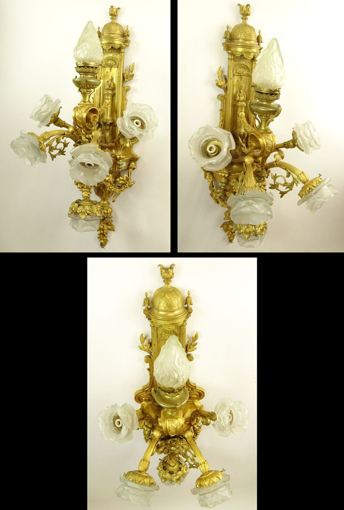 Large and Heavy French Gilt Bronze Six (6) Light Sconces with Finely Cast Relief Bacchus Masks and Grape Leaf Swags.