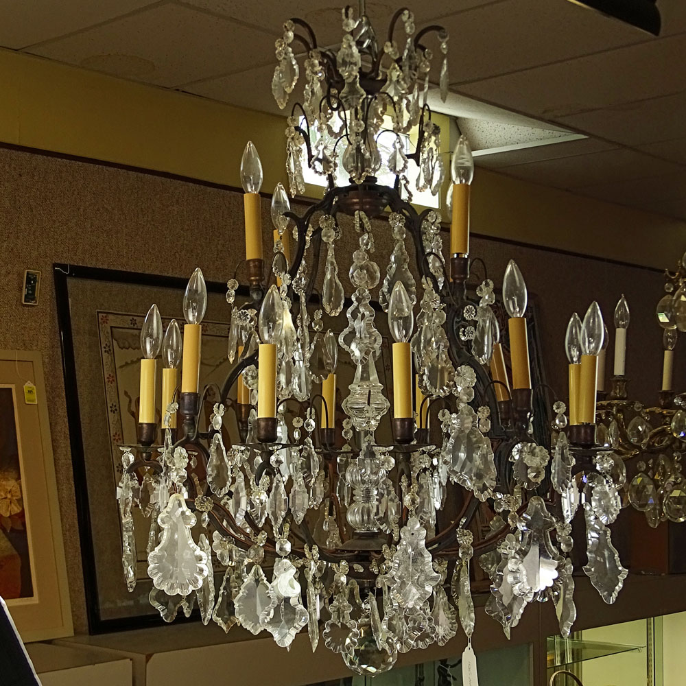 Louis XV Style Wrought Iron and Crystal 12 Arm Cage Chandelier. 16 Lights total.